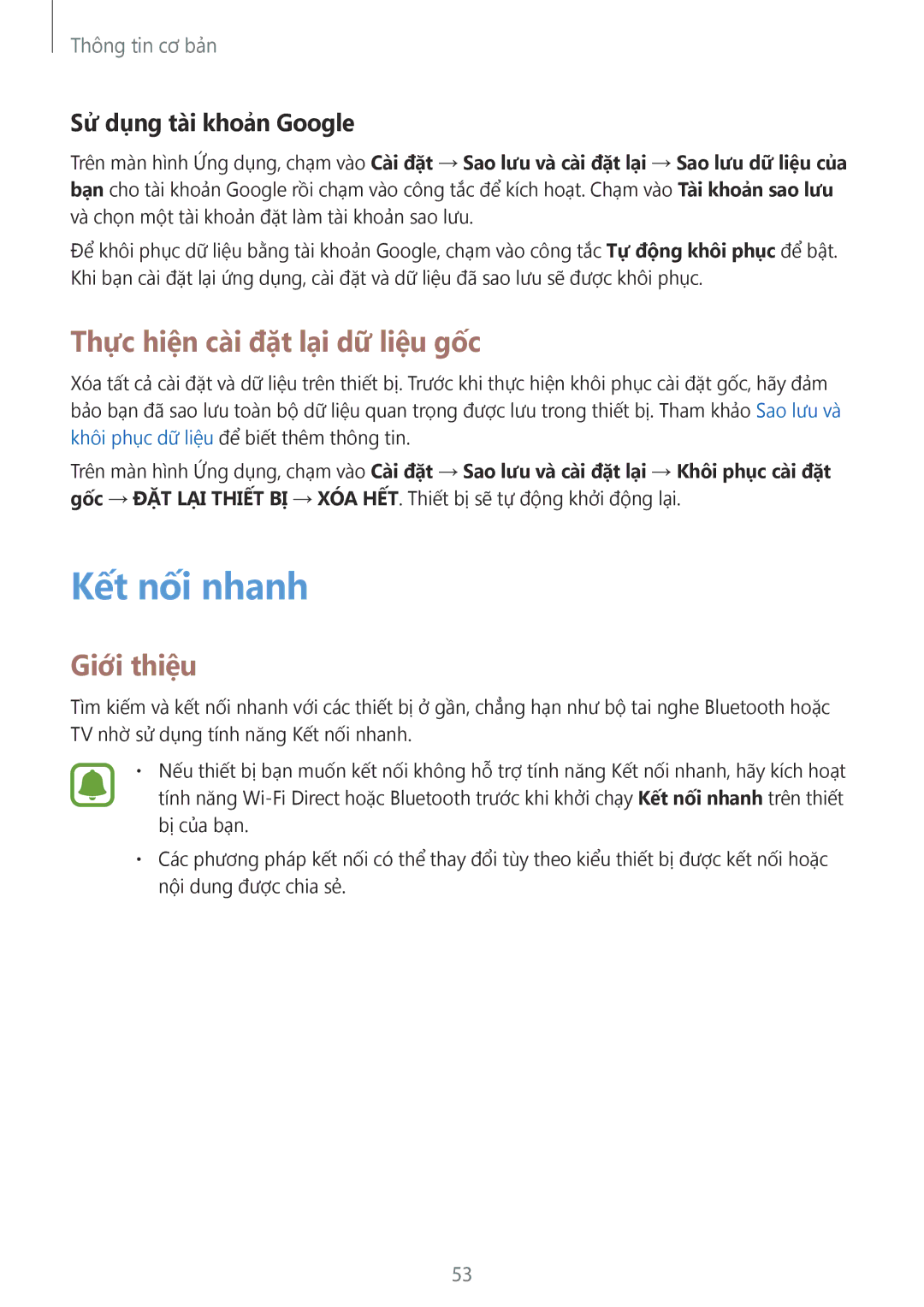 Samsung SM-G930FZSUXXV, SM-G930FZDUXXV manual Kết nối nhanh, Thực hiện cà̀i đặt lại dữ liệu gốc, Sử dụng tà̀i khoản Google 