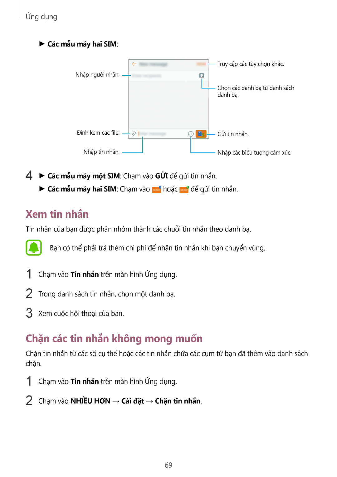 Samsung SM-G930FZDUXXV manual Xem tin nhắn, Chặn các tin nhắn không mong muốn, Chạm vào Tin nhắn trên màn hình Ứng dụng 