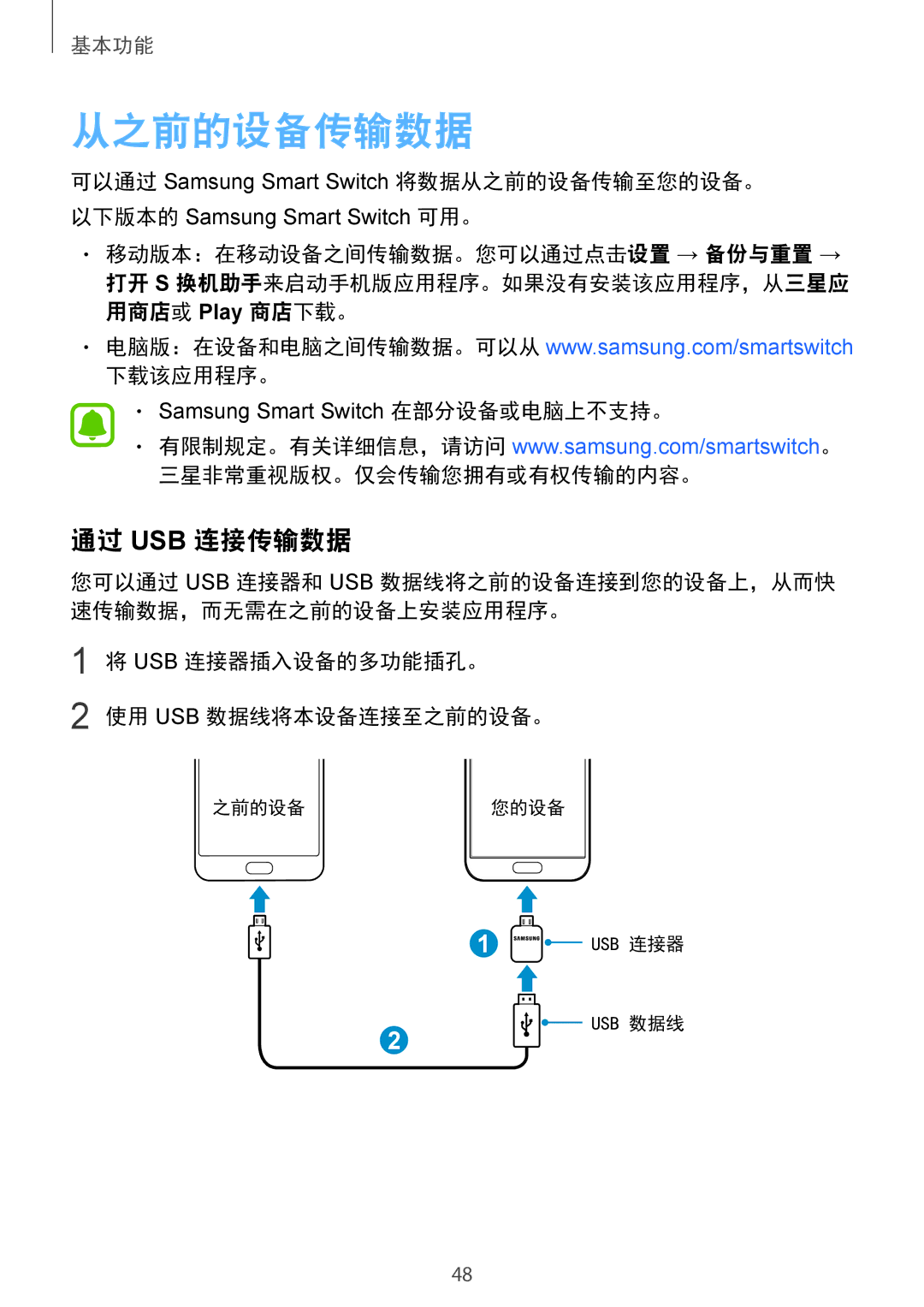 Samsung SM-G930FZDUXXV, SM-G930FZKUXXV, SM-G930FZSUXXV manual 从之前的设备传输数据, 通过 Usb 连接传输数据, 下载该应用程序。, 三星非常重视版权。仅会传输您拥有或有权传输的内容。 