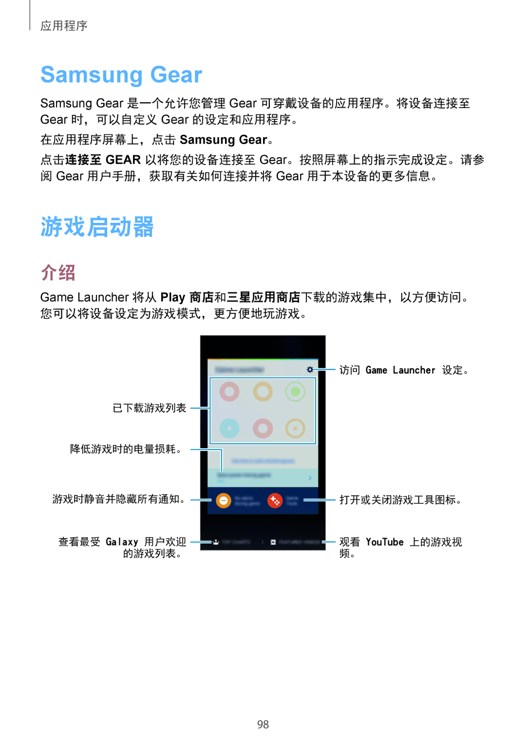 Samsung SM-G930FZSUXXV, SM-G930FZDUXXV, SM-G930FZKUXXV manual 游戏启动器, 在应用程序屏幕上，点击 Samsung Gear。 