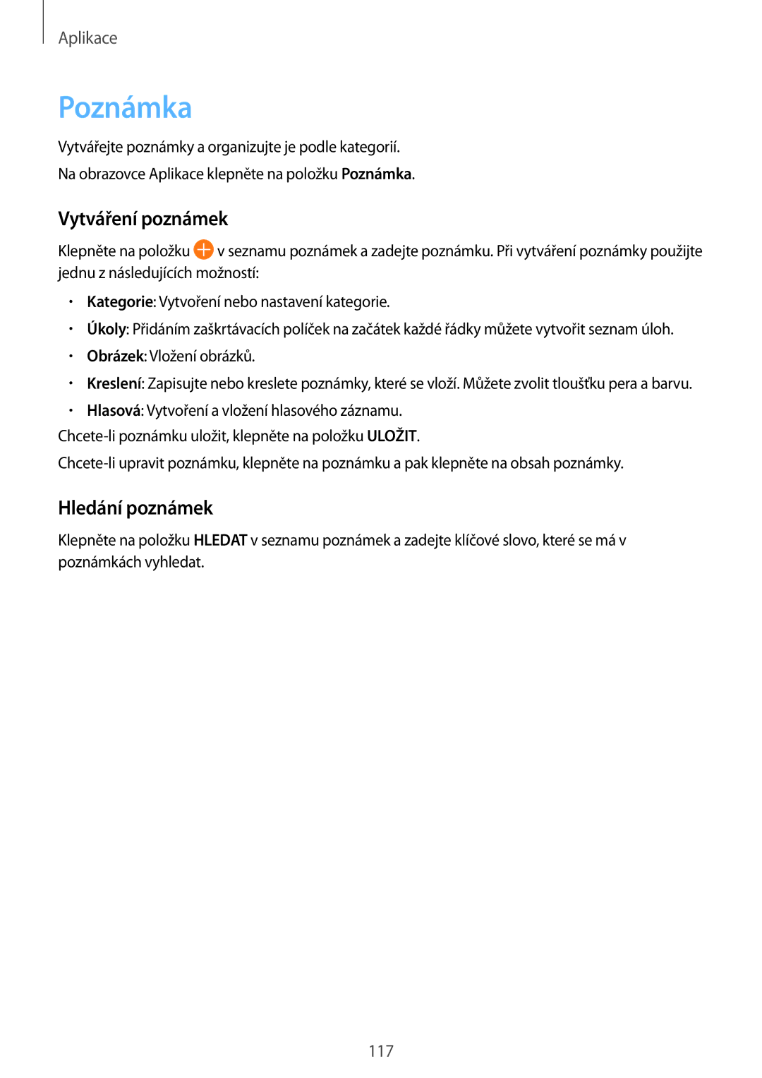 Samsung SM-G930FZKAETL manual Poznámka, Vytváření poznámek, Hledání poznámek 