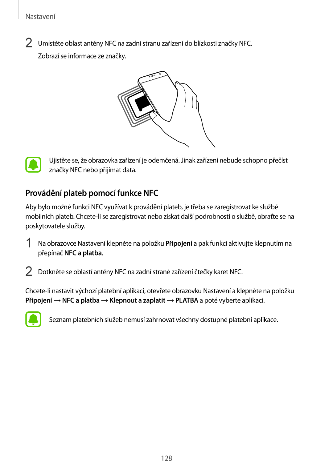 Samsung SM-G930FZKAETL manual Provádění plateb pomocí funkce NFC, Přepínač NFC a platba 