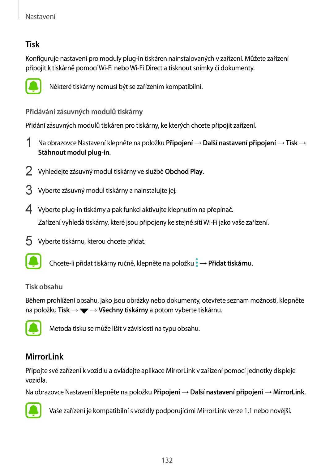 Samsung SM-G930FZKAETL manual MirrorLink, Přidávání zásuvných modulů tiskárny, Tisk obsahu, Stáhnout modul plug-in 