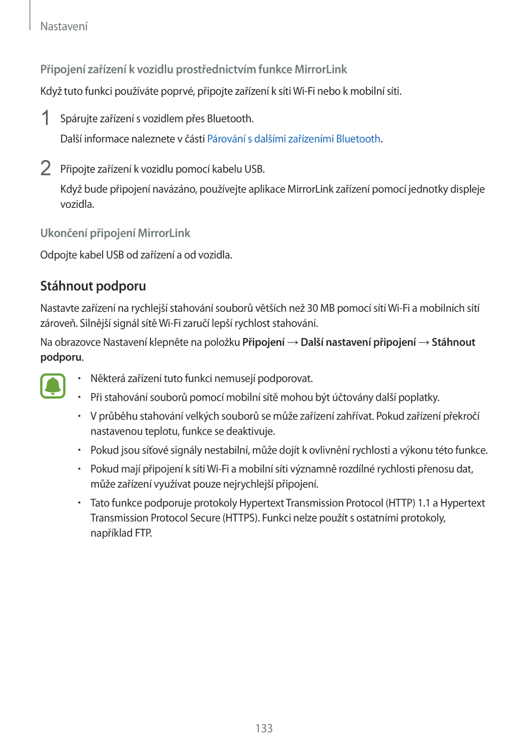 Samsung SM-G930FZKAETL manual Stáhnout podporu, Ukončení připojení MirrorLink 