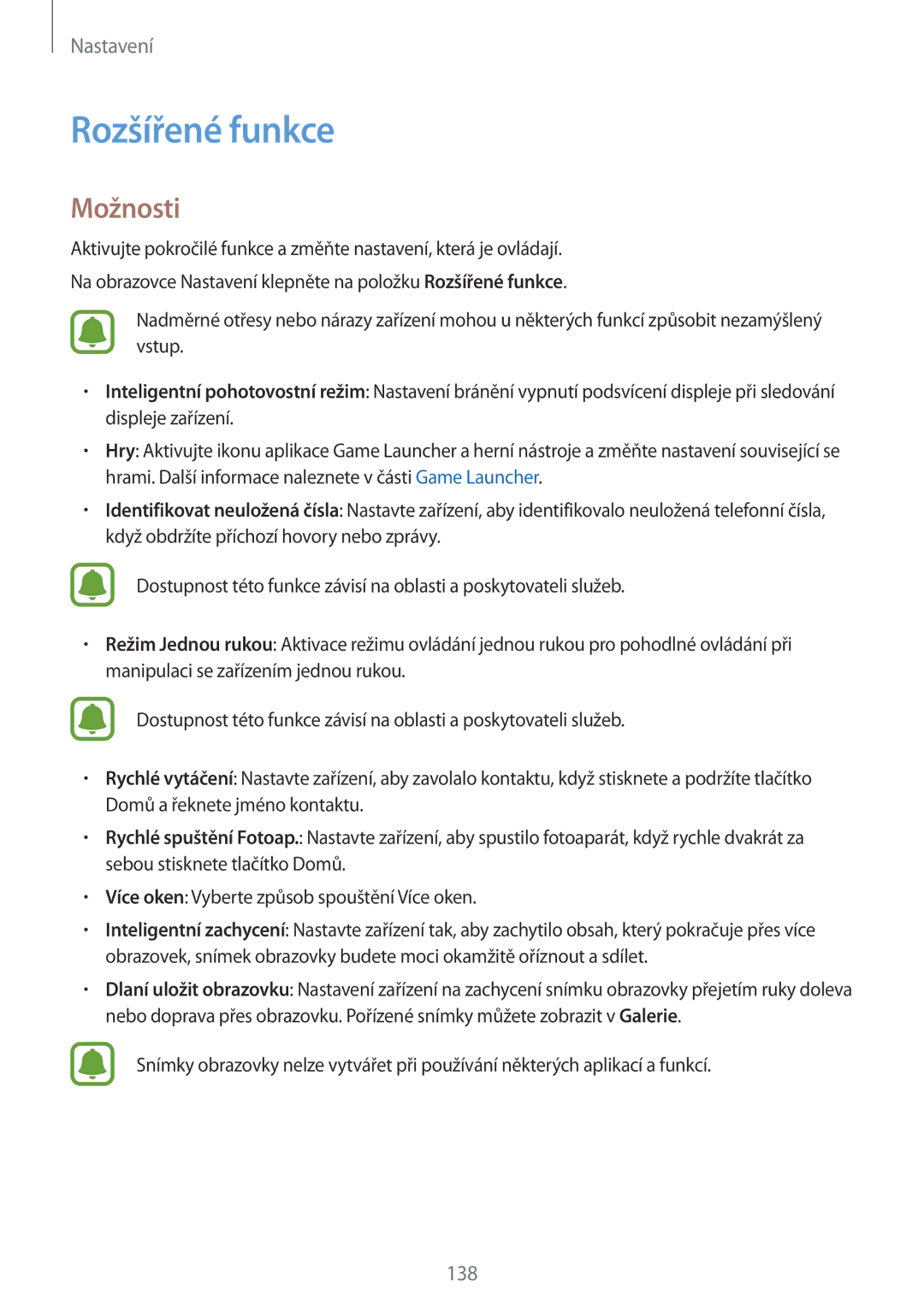 Samsung SM-G930FZKAETL manual Rozšířené funkce, Možnosti 