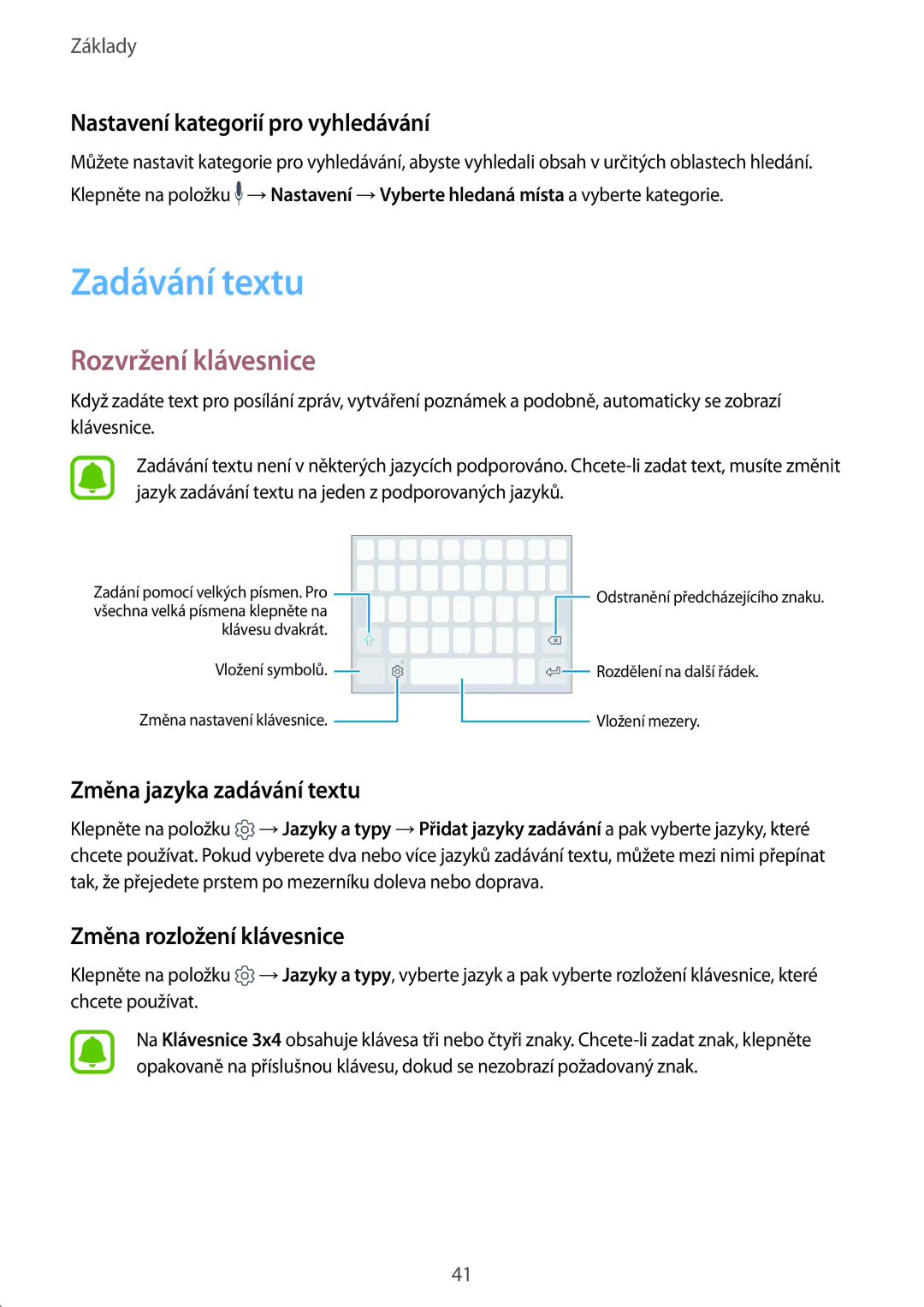 Samsung SM-G930FZKAETL manual Zadávání textu, Rozvržení klávesnice, Nastavení kategorií pro vyhledávání 