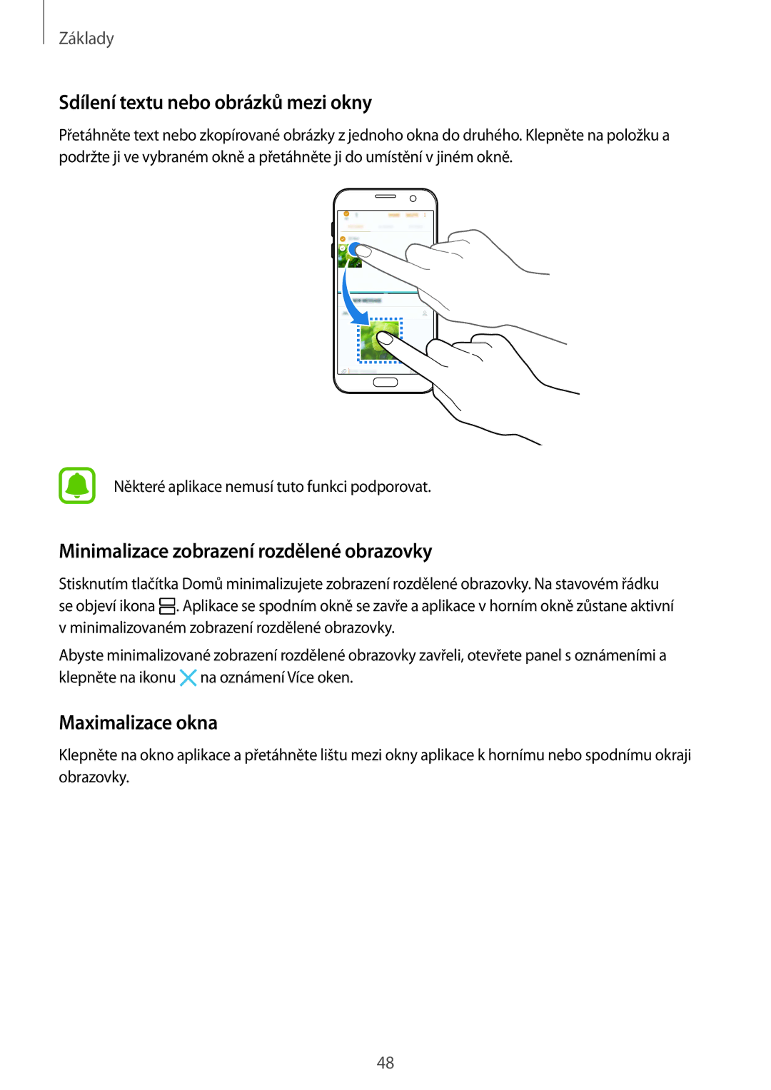 Samsung SM-G930FZKAETL Sdílení textu nebo obrázků mezi okny, Minimalizace zobrazení rozdělené obrazovky, Maximalizace okna 