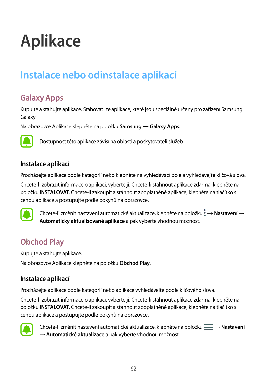Samsung SM-G930FZKAETL manual Instalace nebo odinstalace aplikací, Galaxy Apps, Obchod Play, Instalace aplikací 