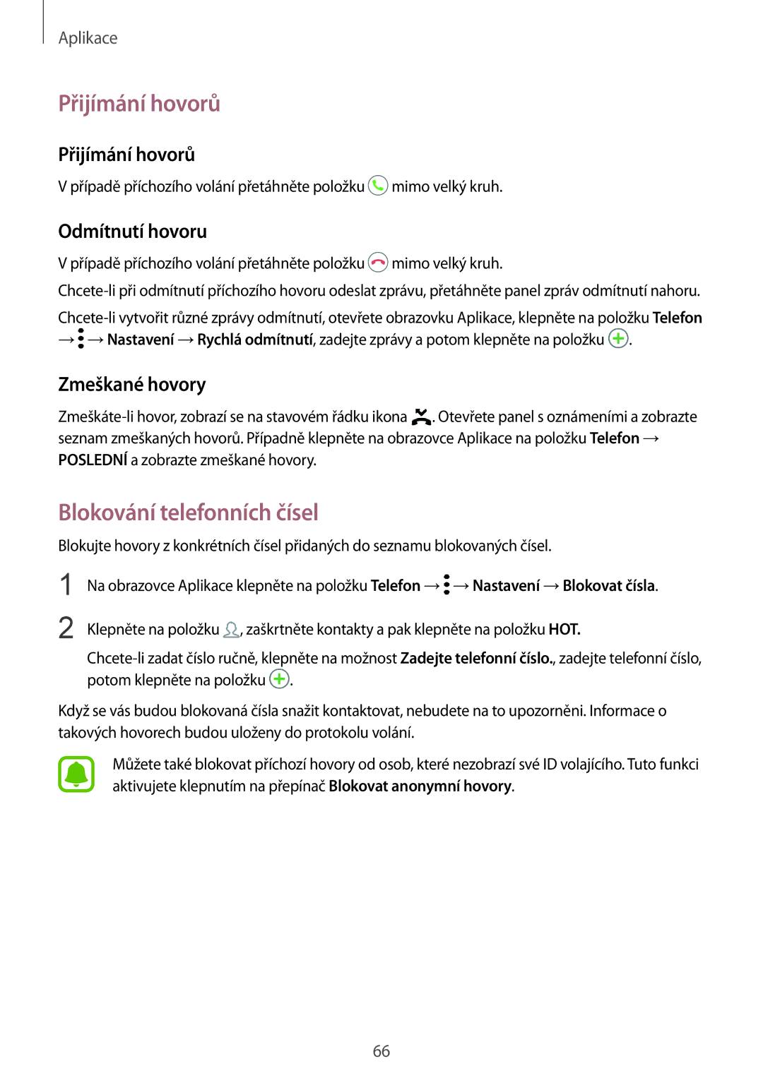 Samsung SM-G930FZKAETL manual Přijímání hovorů, Blokování telefonních čísel, Odmítnutí hovoru, Zmeškané hovory 