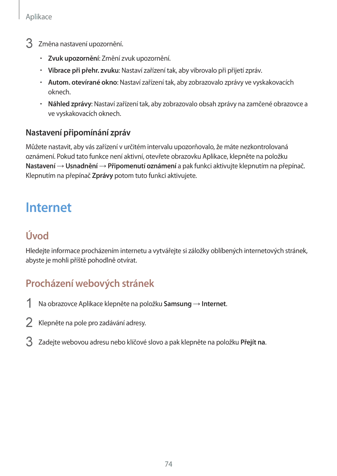 Samsung SM-G930FZKAETL manual Internet, Procházení webových stránek, Nastavení připomínání zpráv 