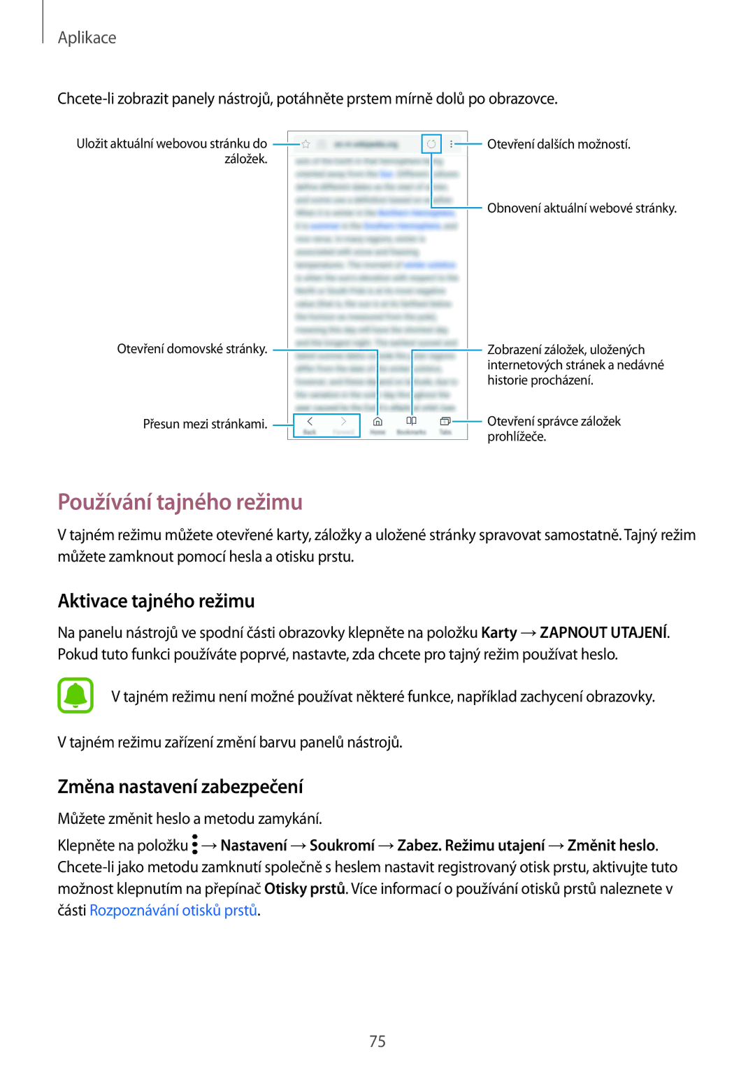 Samsung SM-G930FZKAETL manual Používání tajného režimu, Aktivace tajného režimu, Změna nastavení zabezpečení 