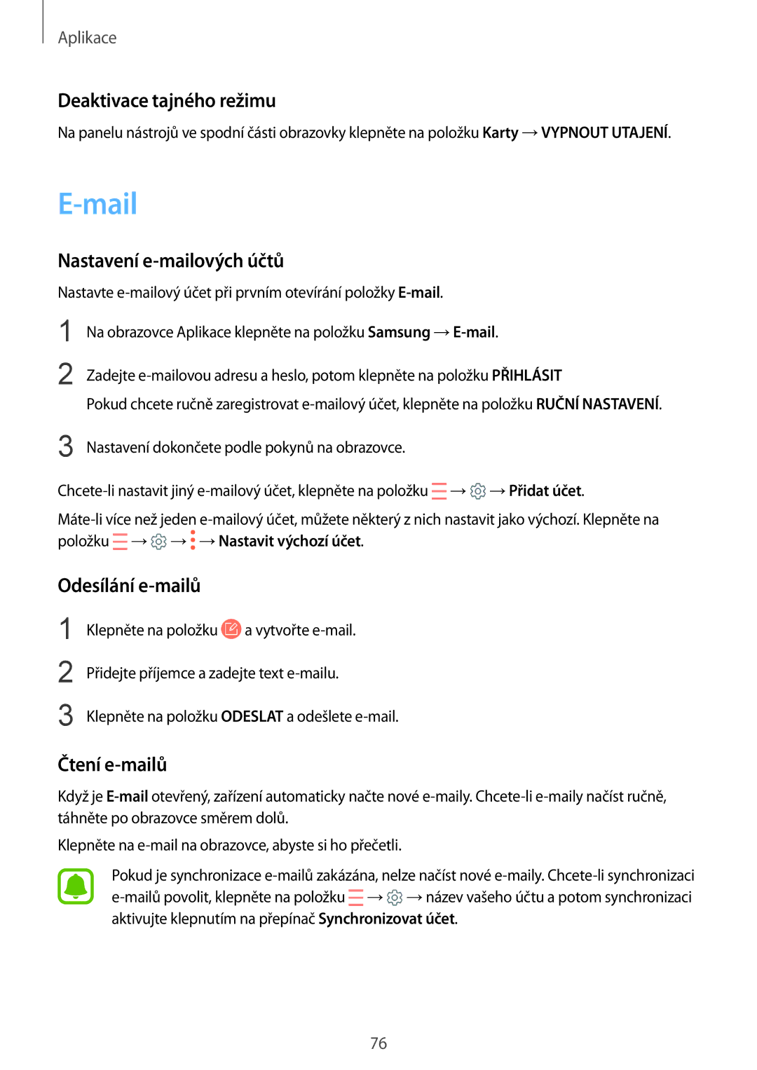 Samsung SM-G930FZKAETL manual Mail, Deaktivace tajného režimu, Nastavení e-mailových účtů, Odesílání e-mailů, Čtení e-mailů 