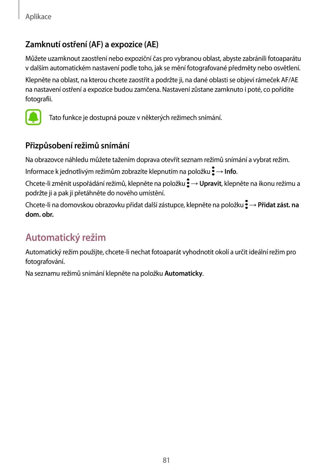 Samsung SM-G930FZKAETL manual Automatický režim, Zamknutí ostření AF a expozice AE, Přizpůsobení režimů snímání 