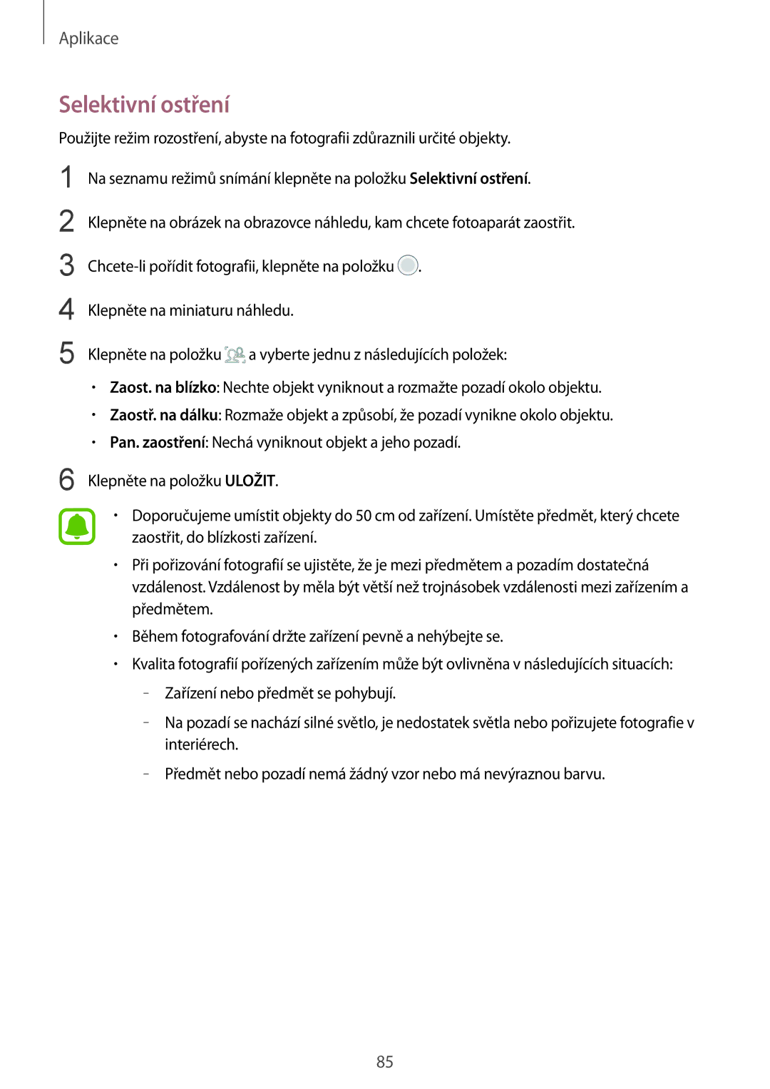 Samsung SM-G930FZKAETL manual Selektivní ostření 