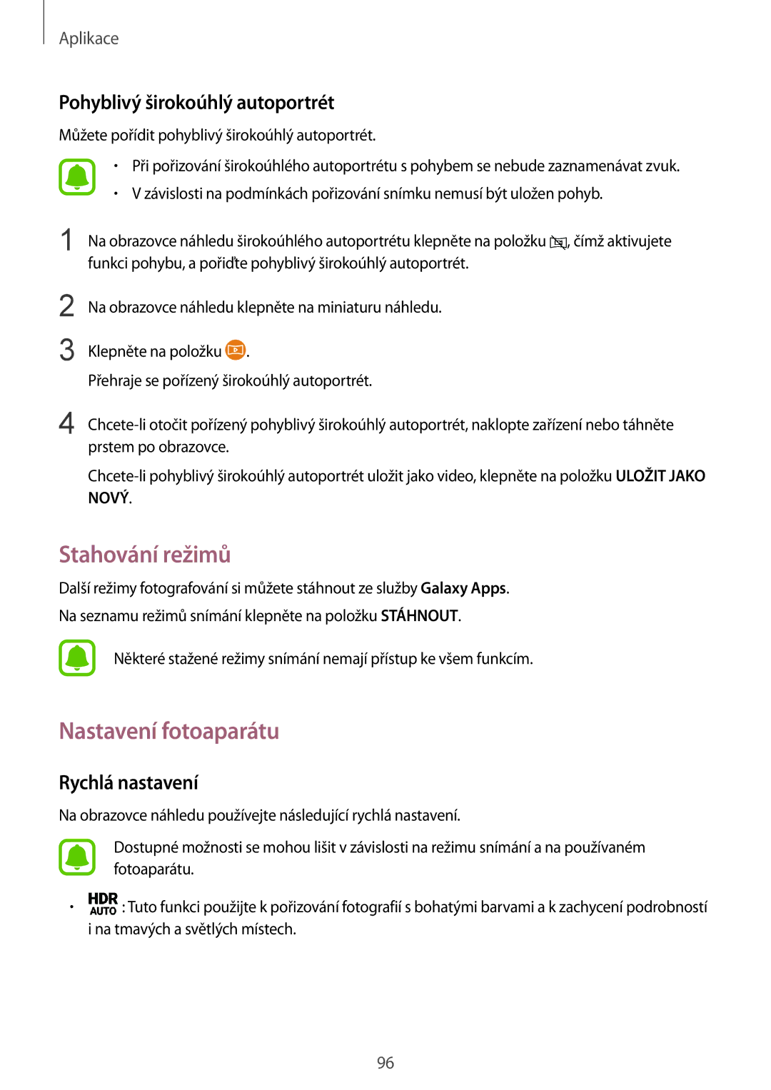 Samsung SM-G930FZKAETL manual Stahování režimů, Nastavení fotoaparátu, Pohyblivý širokoúhlý autoportrét, Rychlá nastavení 