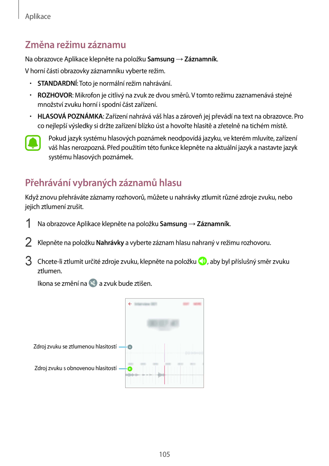 Samsung SM-G930FZKAETL manual Změna režimu záznamu, Přehrávání vybraných záznamů hlasu 