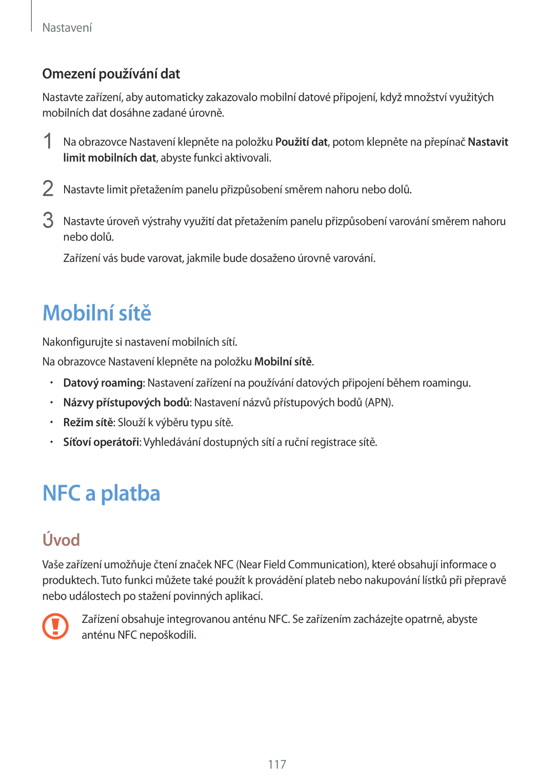 Samsung SM-G930FZKAETL manual Mobilní sítě, NFC a platba, Omezení používání dat 