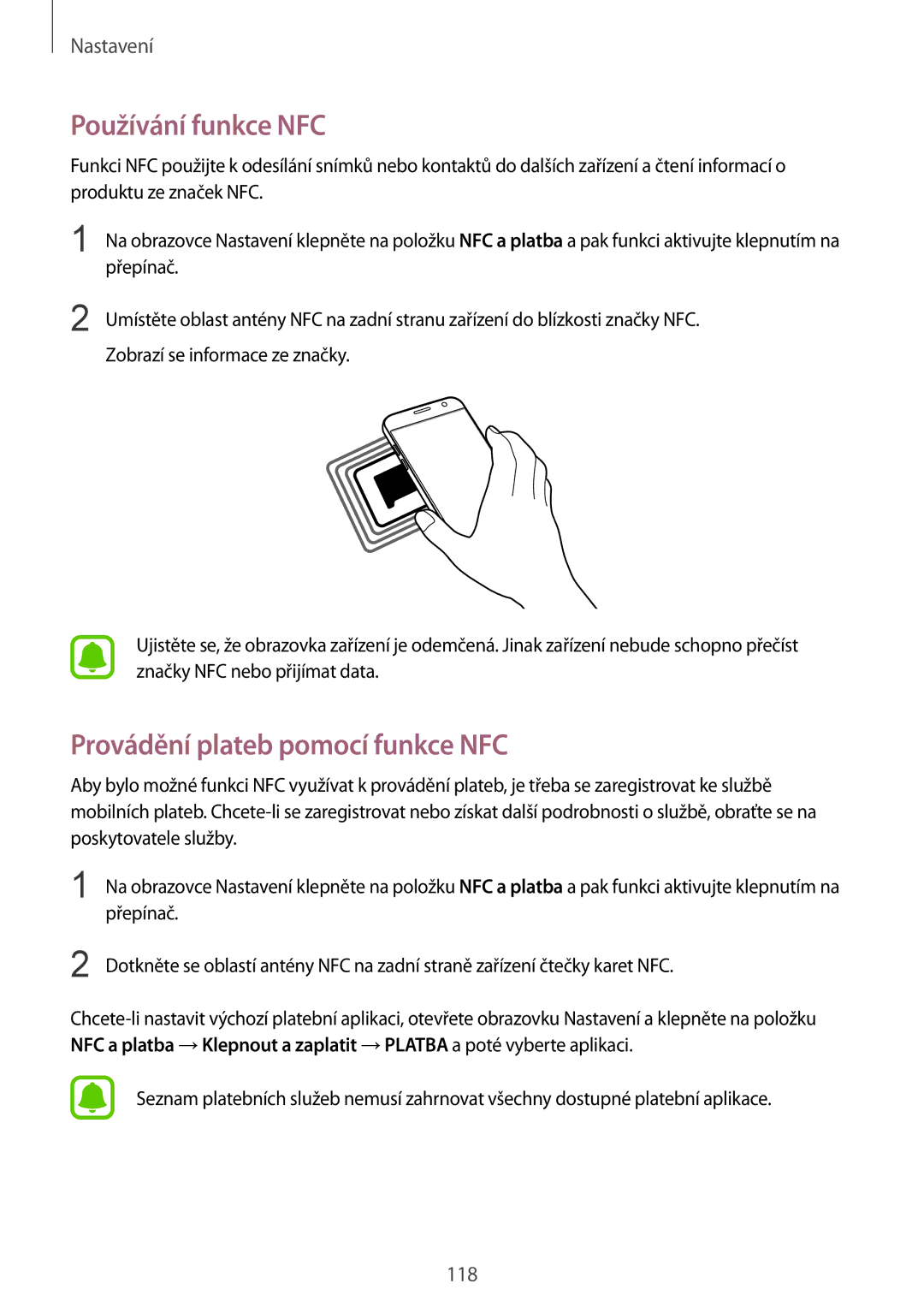 Samsung SM-G930FZKAETL manual Používání funkce NFC, Provádění plateb pomocí funkce NFC 