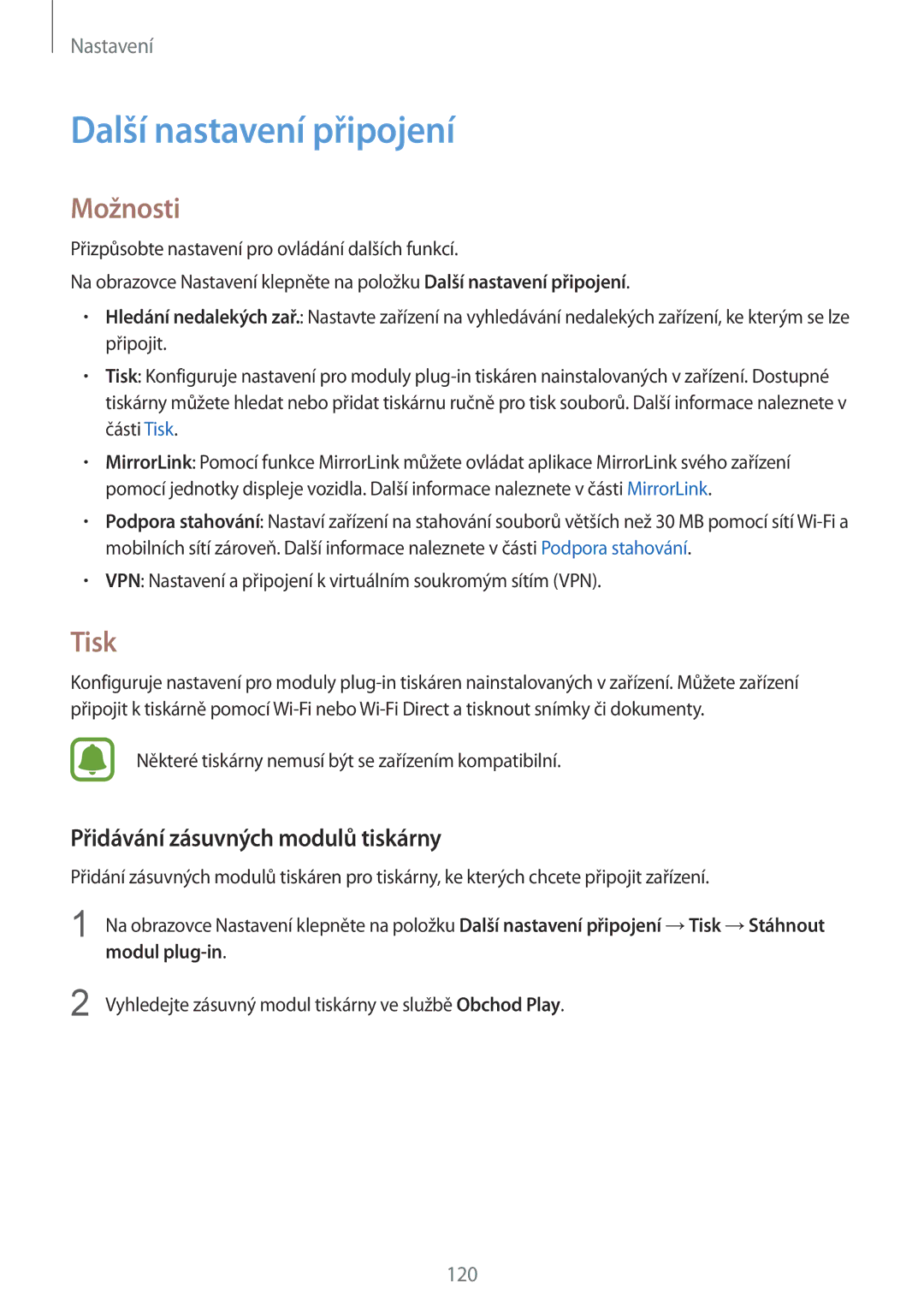 Samsung SM-G930FZKAETL manual Další nastavení připojení, Možnosti, Tisk, Přidávání zásuvných modulů tiskárny, Modul plug-in 