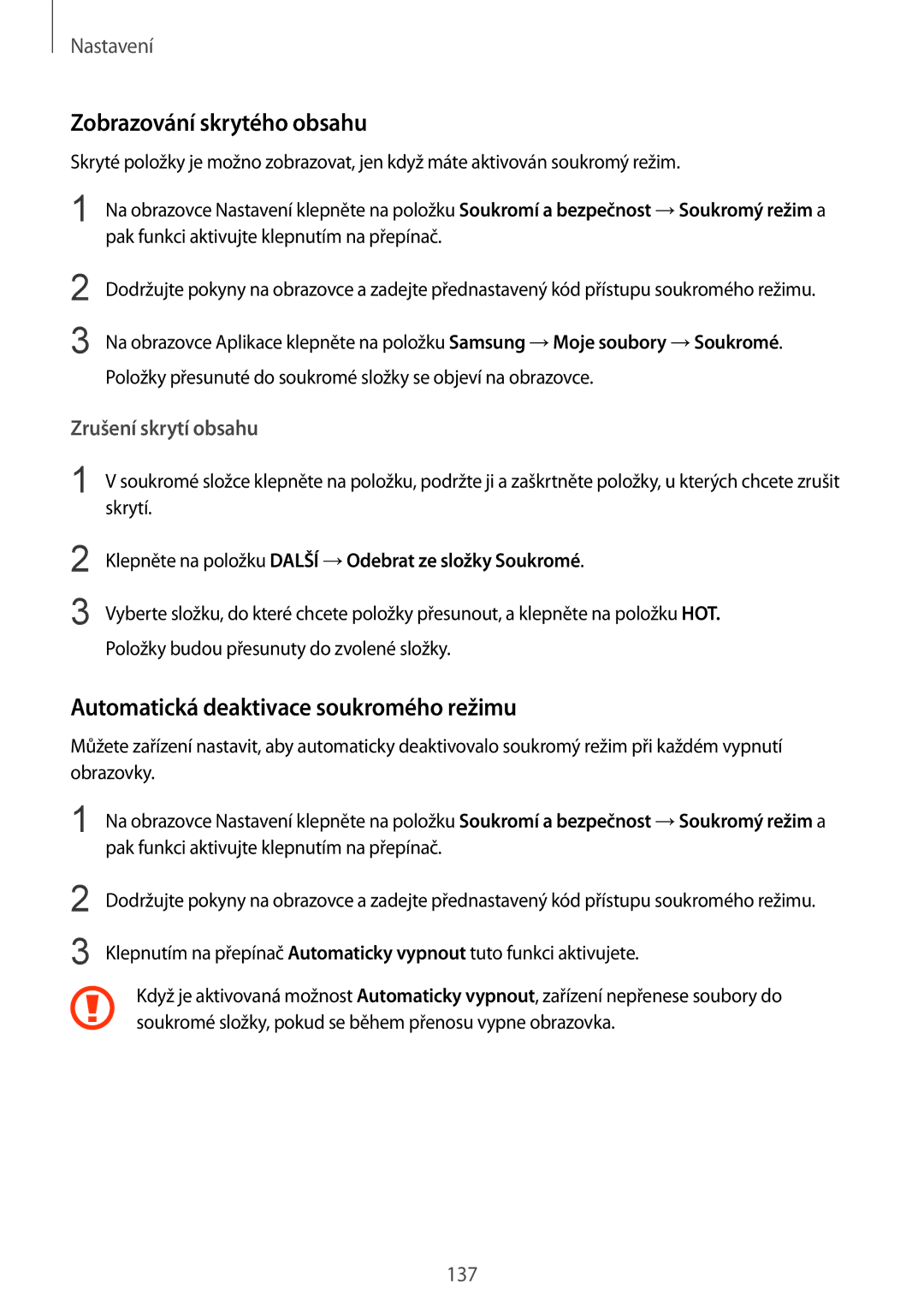Samsung SM-G930FZKAETL manual Zobrazování skrytého obsahu, Automatická deaktivace soukromého režimu 