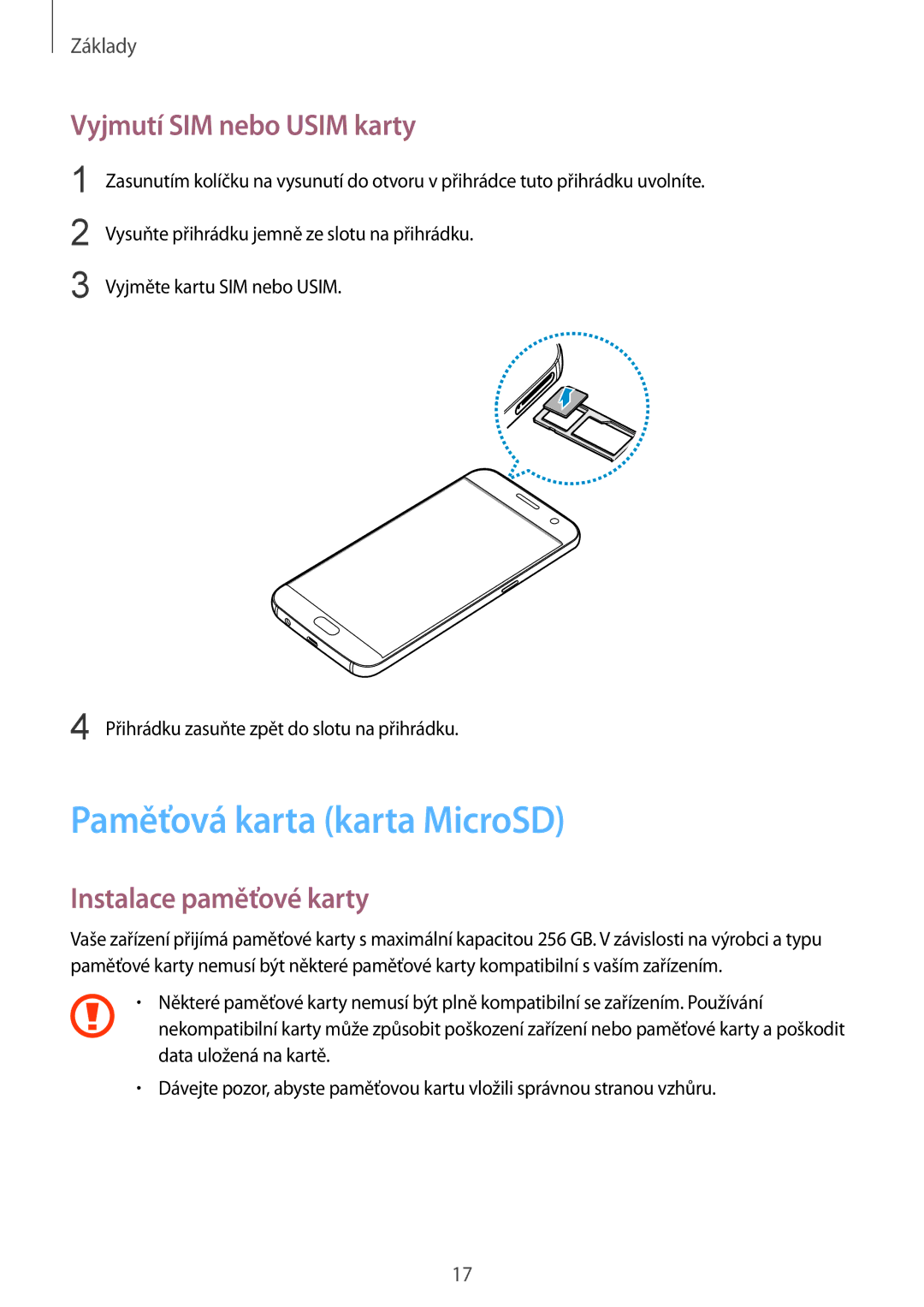 Samsung SM-G930FZKAETL manual Paměťová karta karta MicroSD, Vyjmutí SIM nebo Usim karty, Instalace paměťové karty 