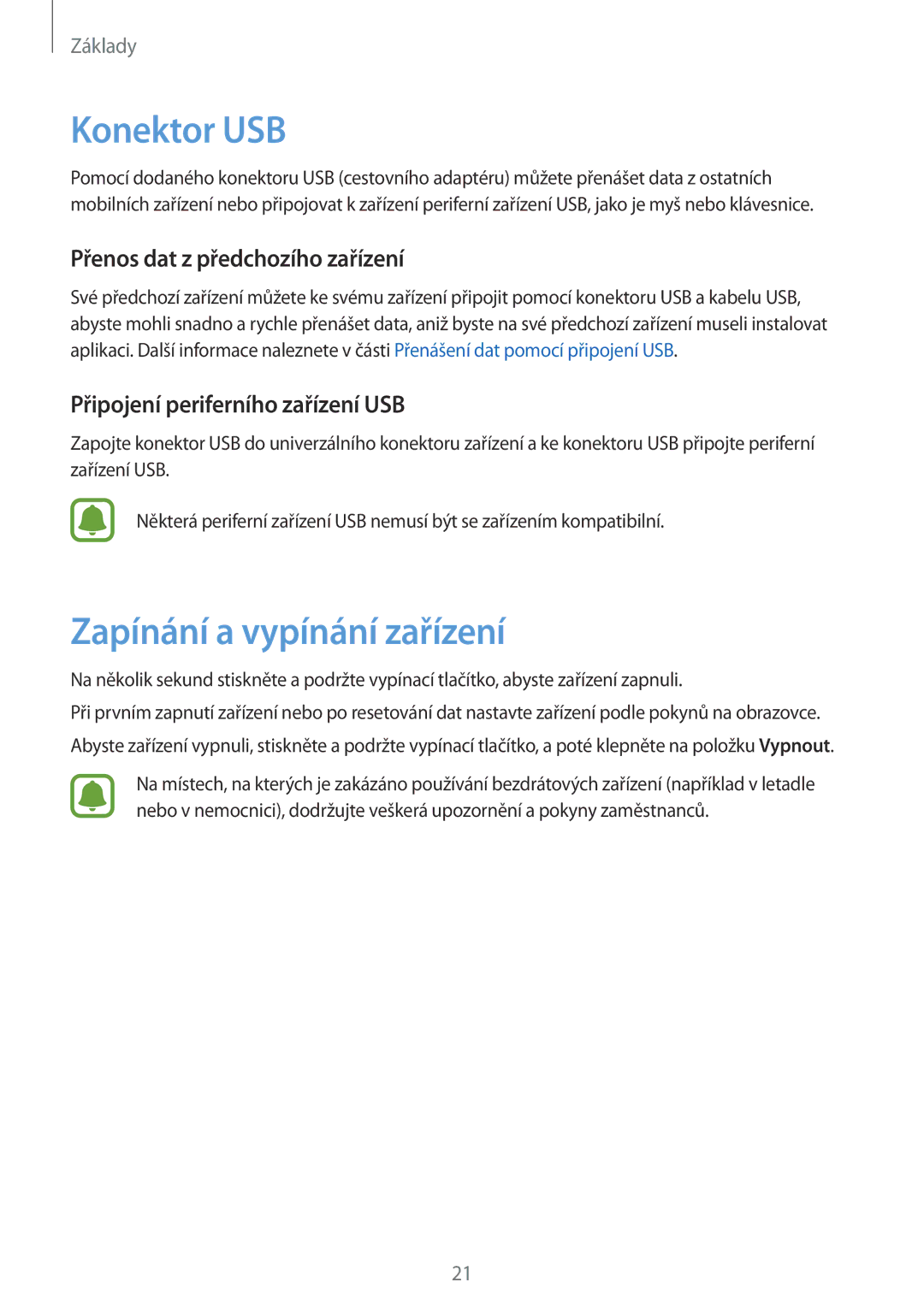 Samsung SM-G930FZKAETL manual Konektor USB, Zapínání a vypínání zařízení, Přenos dat z předchozího zařízení 