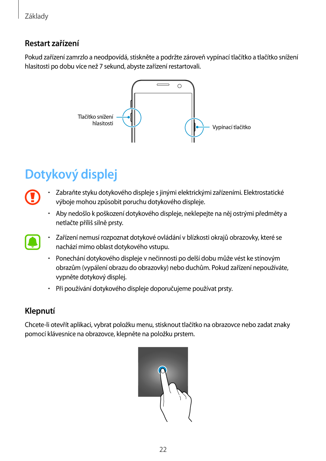 Samsung SM-G930FZKAETL manual Dotykový displej, Restart zařízení, Klepnutí 