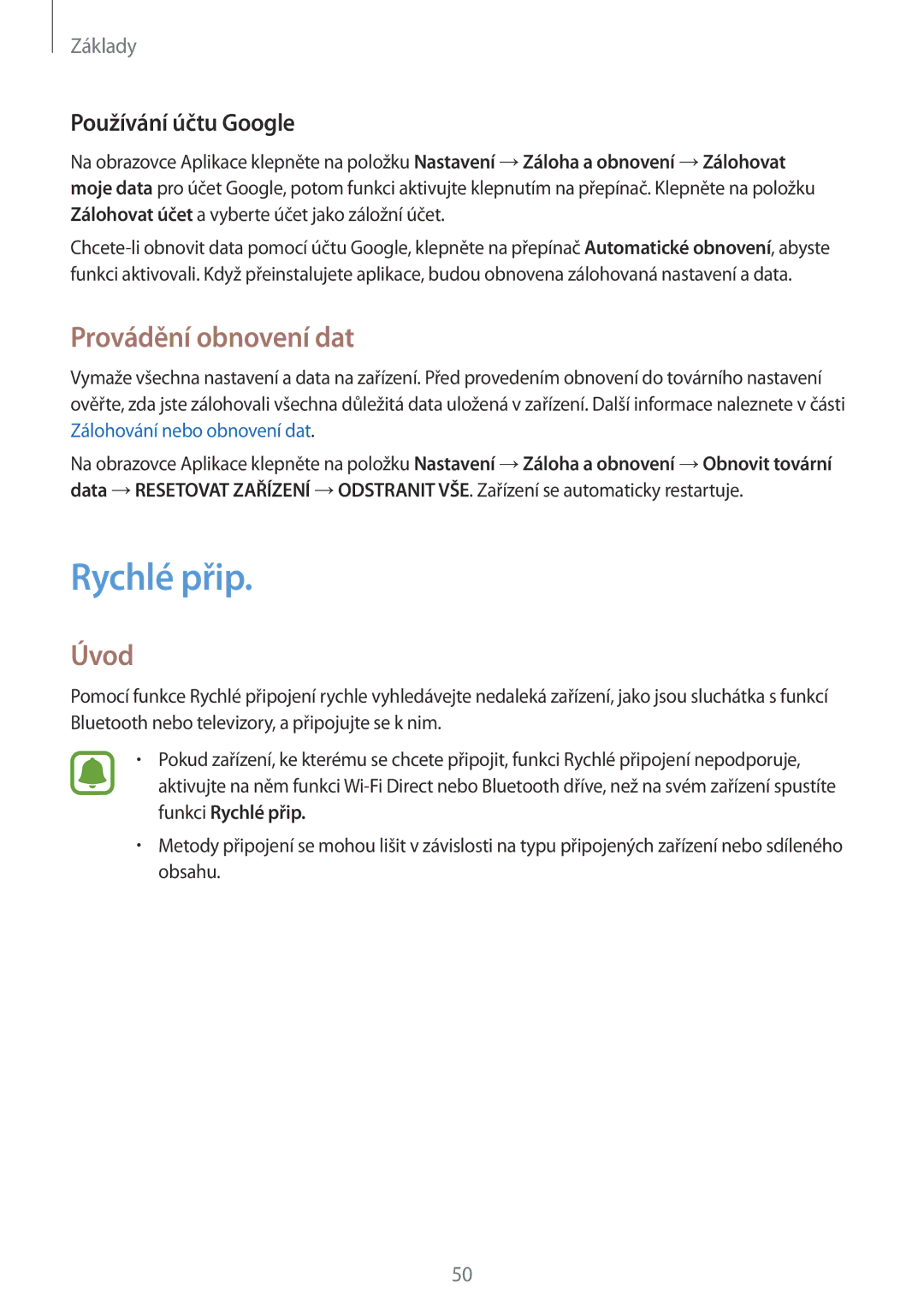 Samsung SM-G930FZKAETL manual Rychlé přip, Provádění obnovení dat, Používání účtu Google 