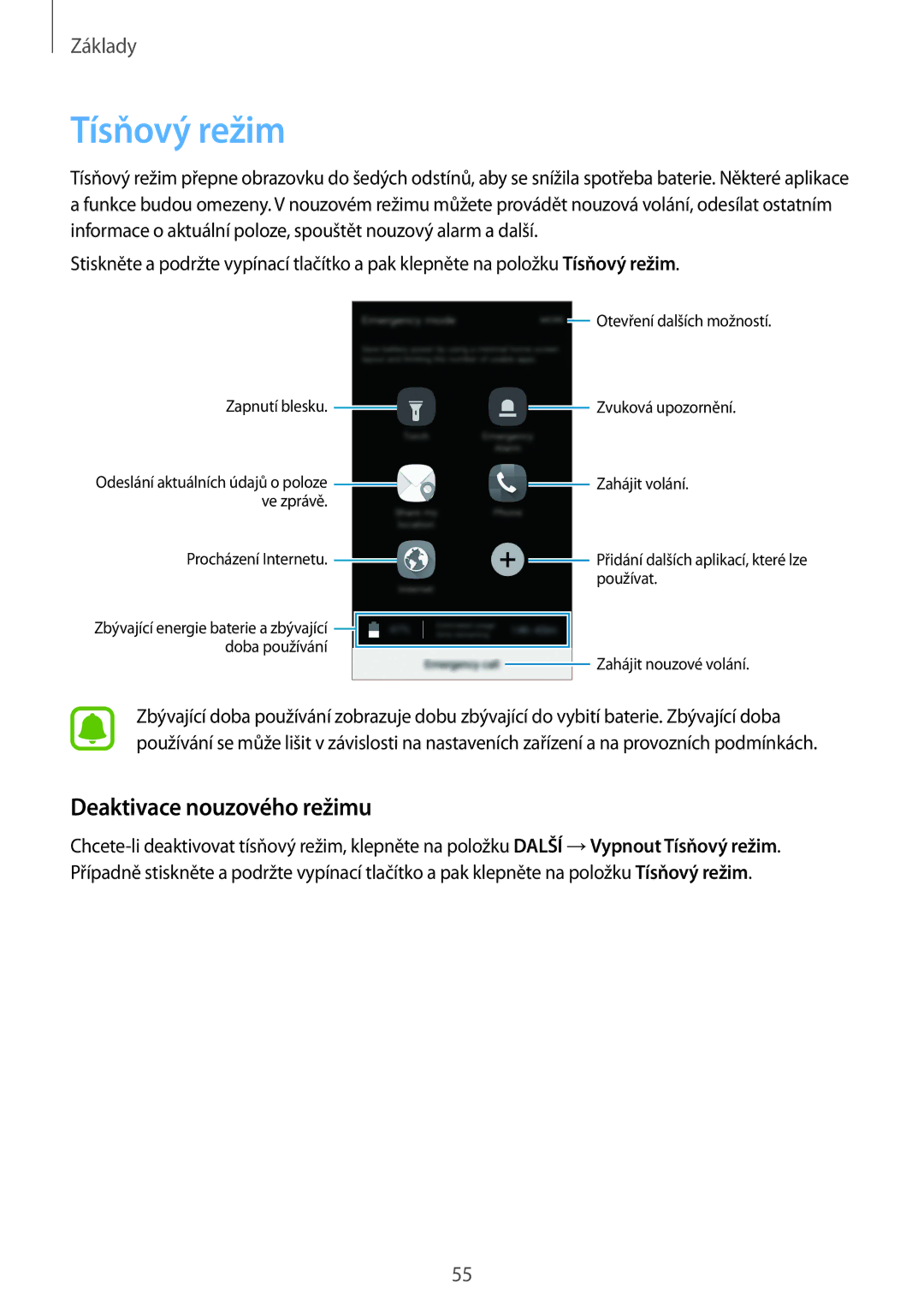 Samsung SM-G930FZKAETL manual Tísňový režim, Deaktivace nouzového režimu 