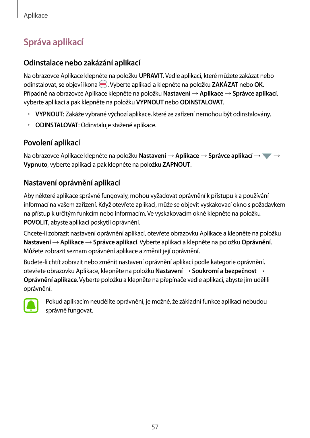 Samsung SM-G930FZKAETL manual Správa aplikací, Odinstalace nebo zakázání aplikací, Povolení aplikací 
