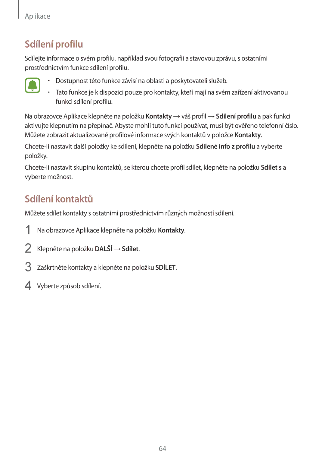 Samsung SM-G930FZKAETL manual Sdílení profilu, Sdílení kontaktů 