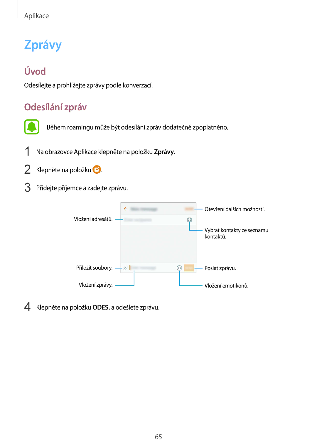 Samsung SM-G930FZKAETL manual Zprávy, Odesílání zpráv 