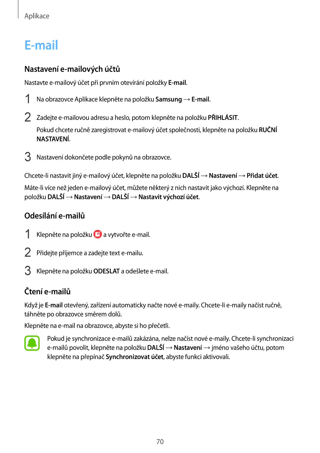 Samsung SM-G930FZKAETL manual Mail, Nastavení e-mailových účtů, Odesílání e-mailů, Čtení e-mailů 