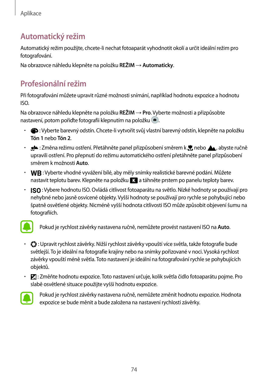 Samsung SM-G930FZKAETL manual Automatický režim, Profesionální režim, Tón 1 nebo Tón 