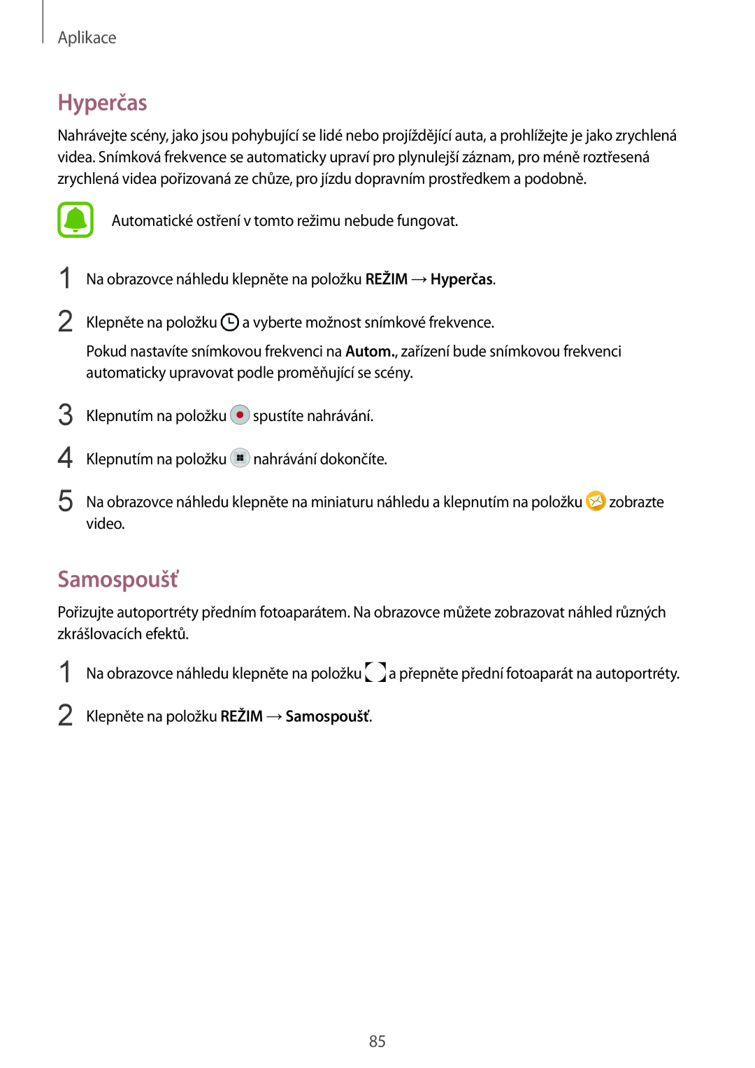 Samsung SM-G930FZKAETL manual Hyperčas, Samospoušť 