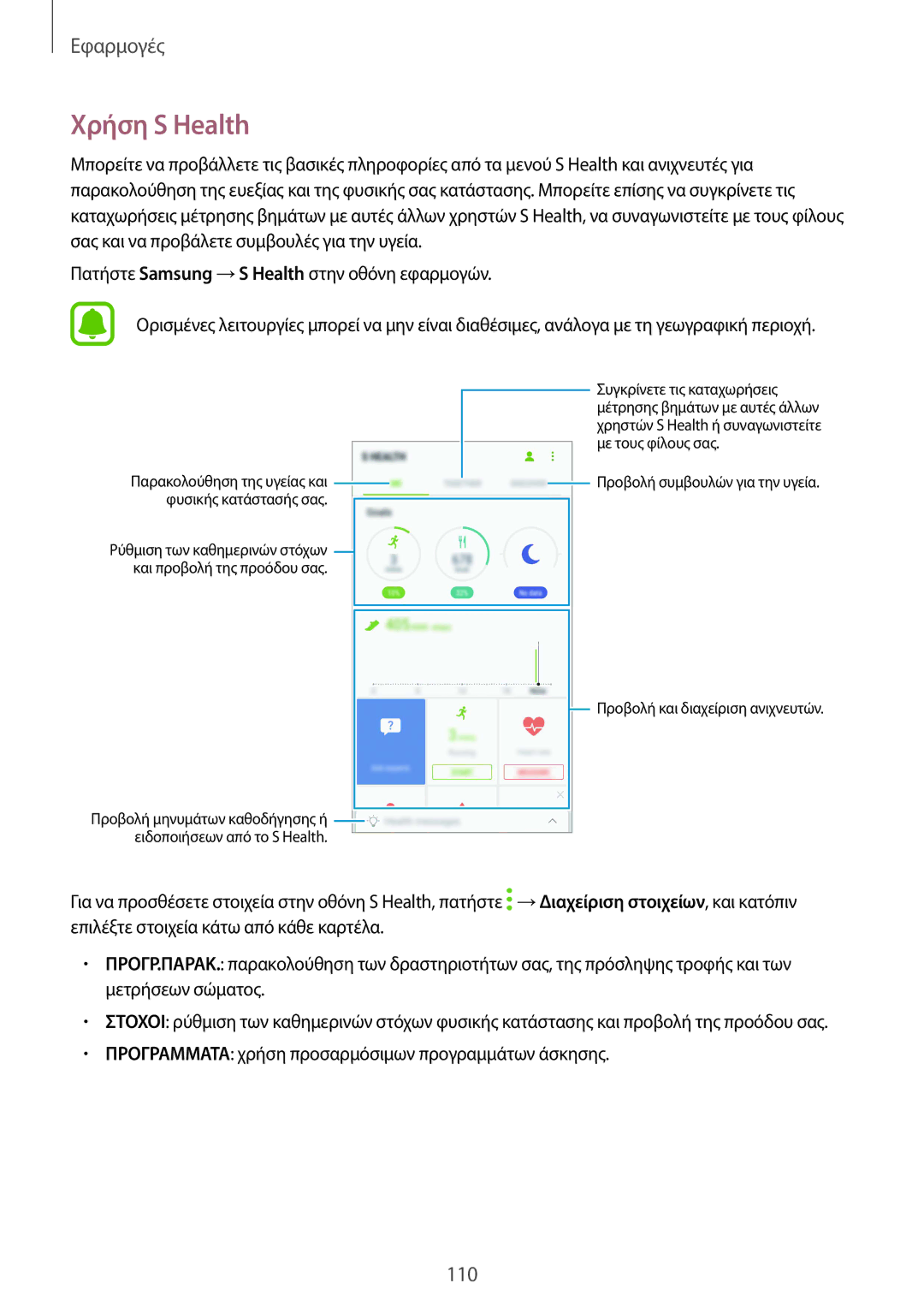 Samsung SM-G930FZKAEUR manual Χρήση S Health, Ρύθμιση των καθημερινών στόχων και προβολή της προόδου σας 