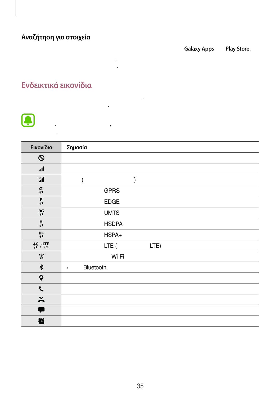 Samsung SM-G930FZKAEUR manual Ενδεικτικά εικονίδια, Αναζήτηση για στοιχεία, Εικονίδιο Σημασία 