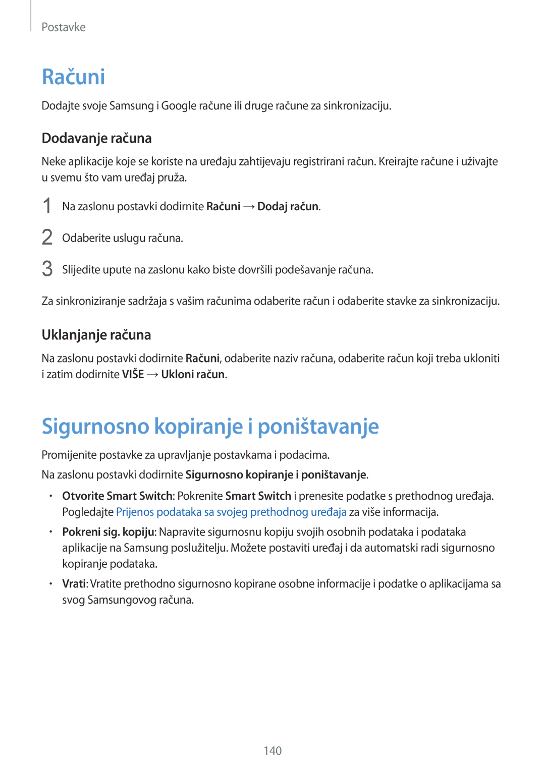 Samsung SM-G930FZKAVIP, SM-G930FZKATWO Računi, Sigurnosno kopiranje i poništavanje, Dodavanje računa, Uklanjanje računa 