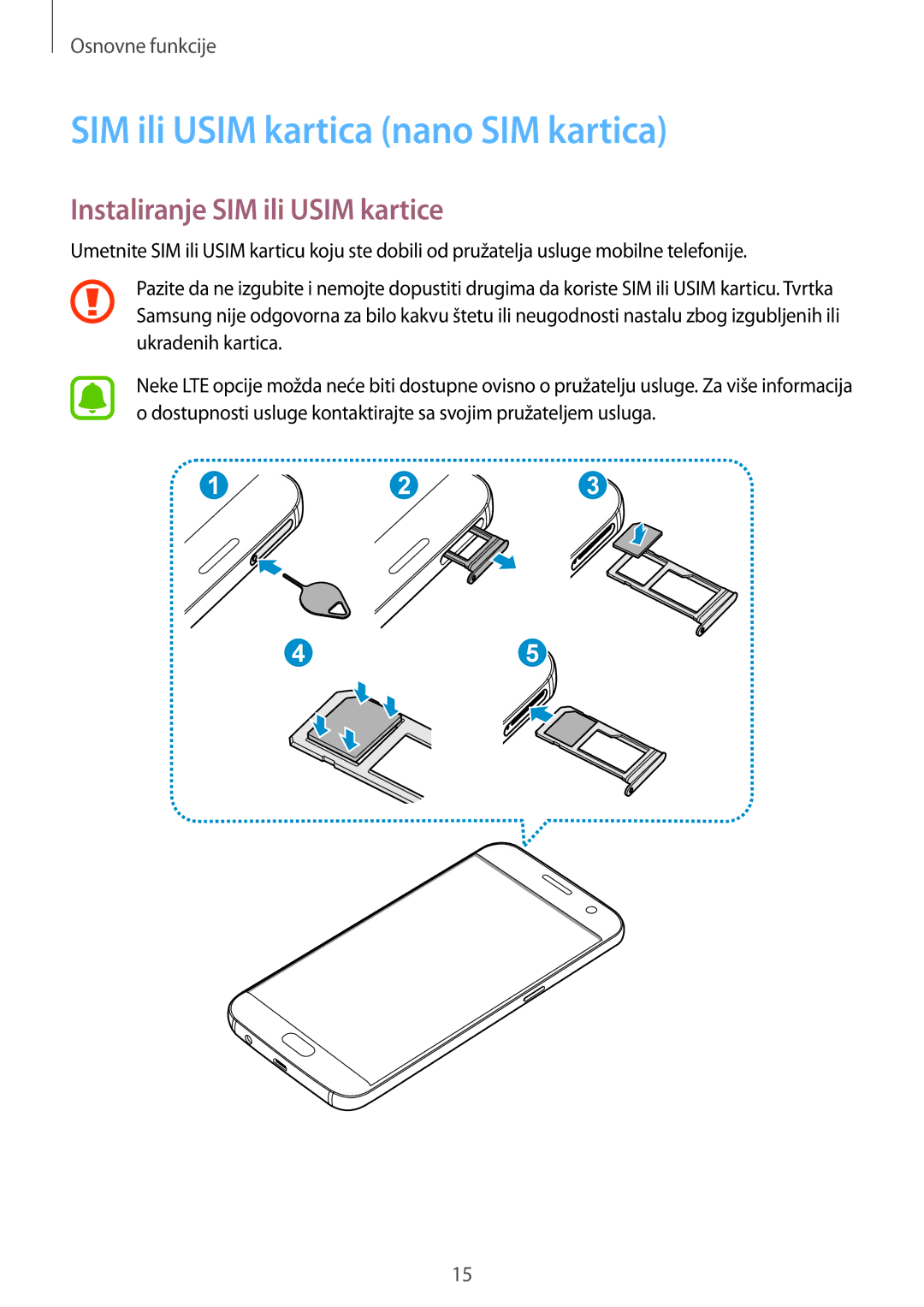 Samsung SM-G930FZDATWO, SM-G930FZKAVIP manual SIM ili Usim kartica nano SIM kartica, Instaliranje SIM ili Usim kartice 