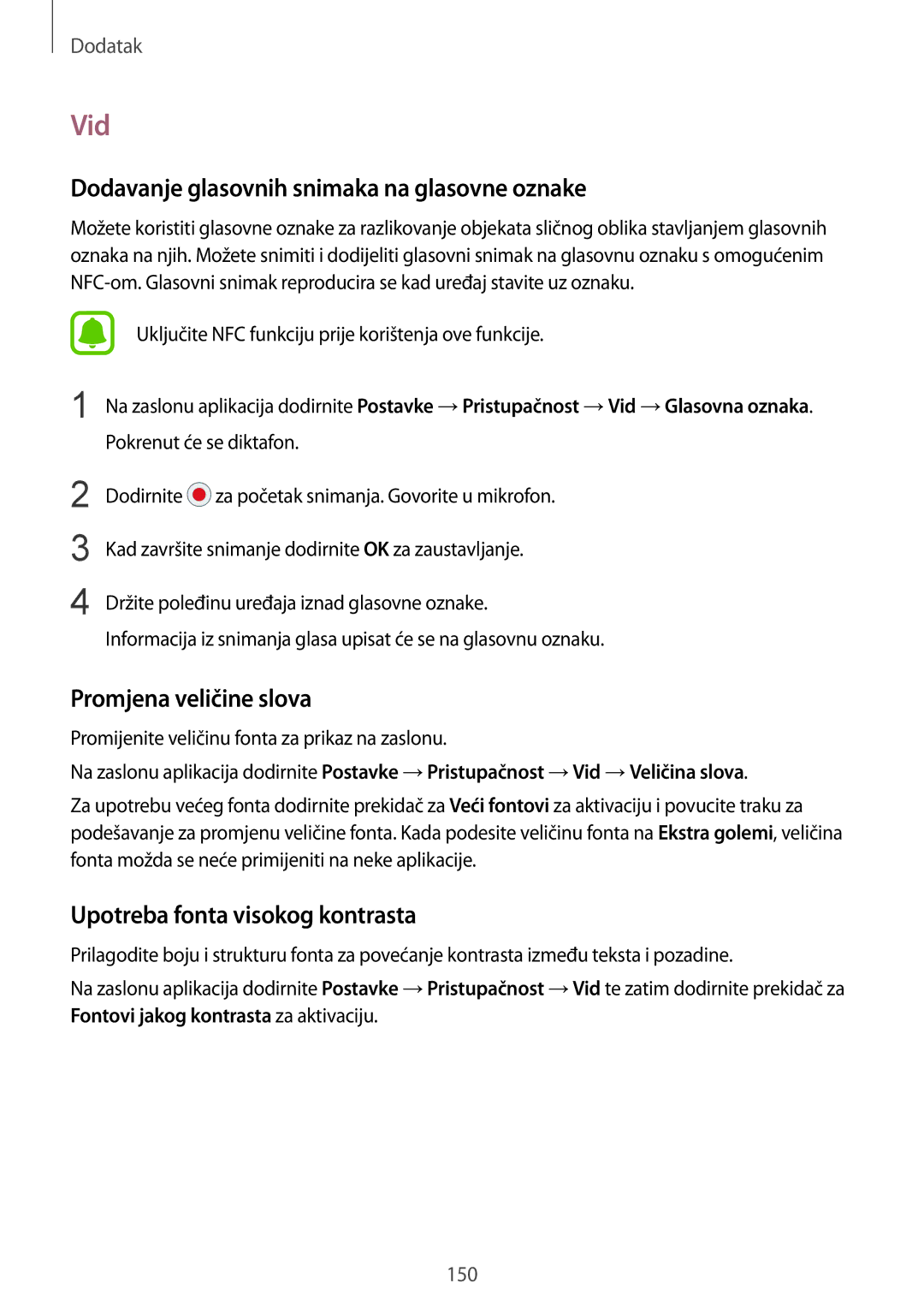 Samsung SM-G930FZKAVIP, SM-G930FZKATWO manual Vid, Dodavanje glasovnih snimaka na glasovne oznake, Promjena veličine slova 