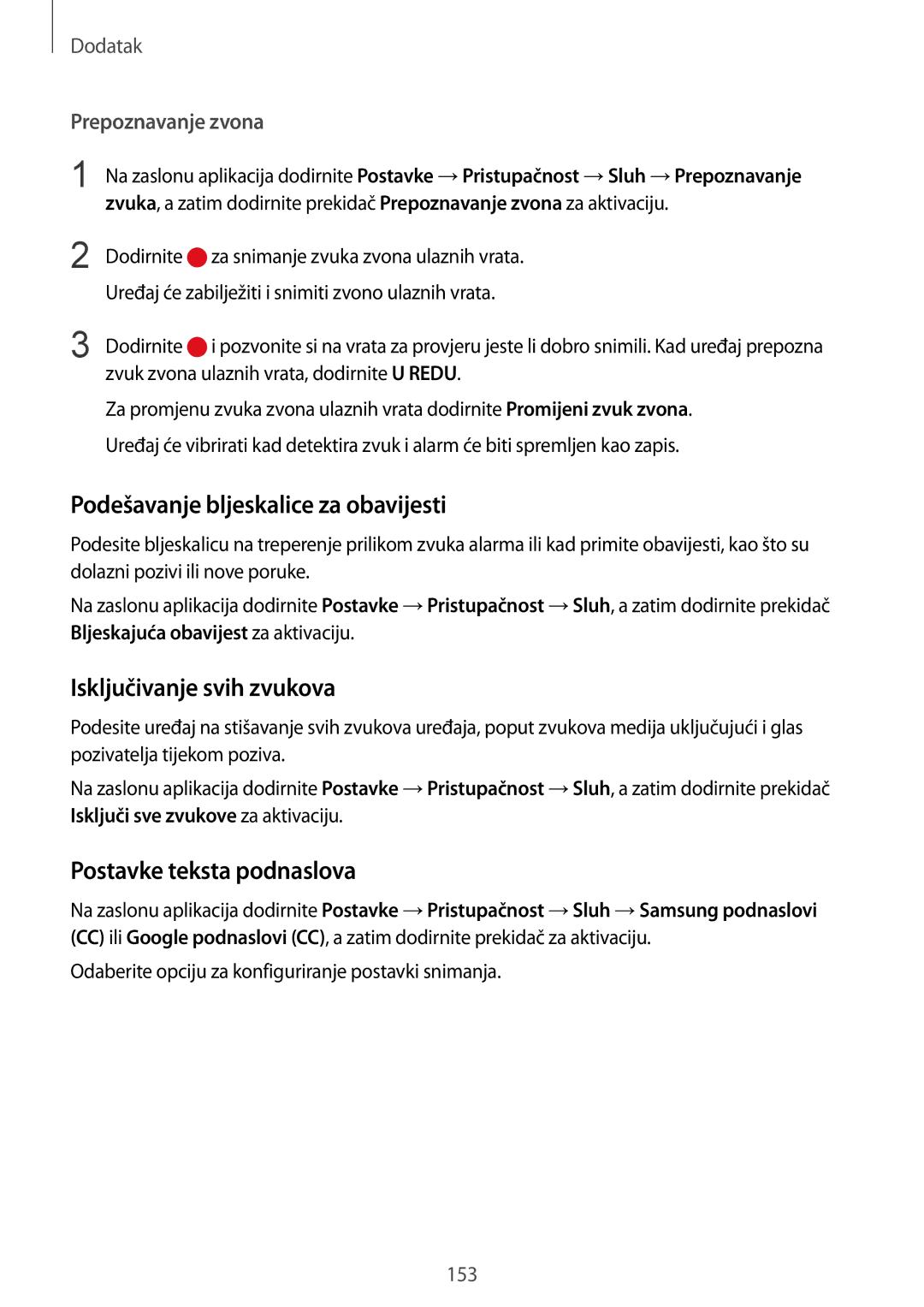 Samsung SM-G930FZWASEE manual Podešavanje bljeskalice za obavijesti, Isključivanje svih zvukova, Postavke teksta podnaslova 