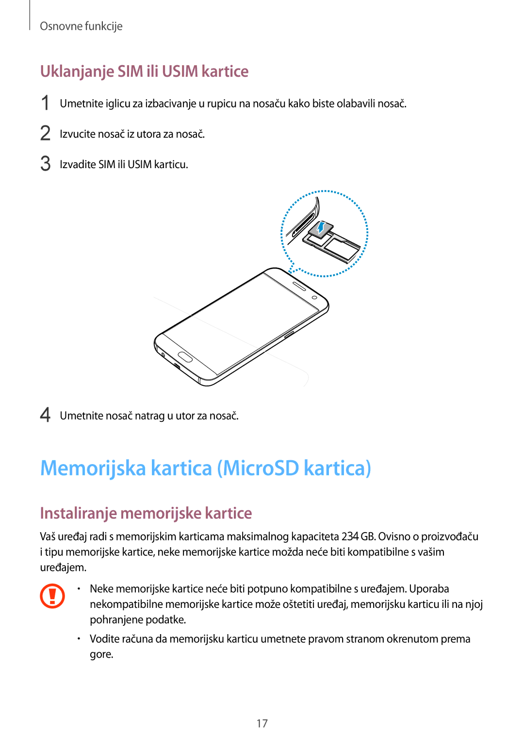 Samsung SM-G930FZDASEE, SM-G930FZKAVIP, SM-G930FZKATWO Memorijska kartica MicroSD kartica, Uklanjanje SIM ili Usim kartice 