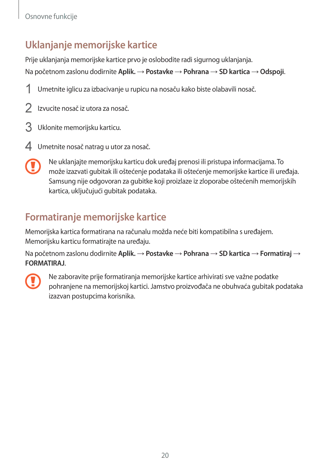 Samsung SM-G930FZKAVIP, SM-G930FZKATWO, SM-G930FZKADHR manual Uklanjanje memorijske kartice, Formatiranje memorijske kartice 