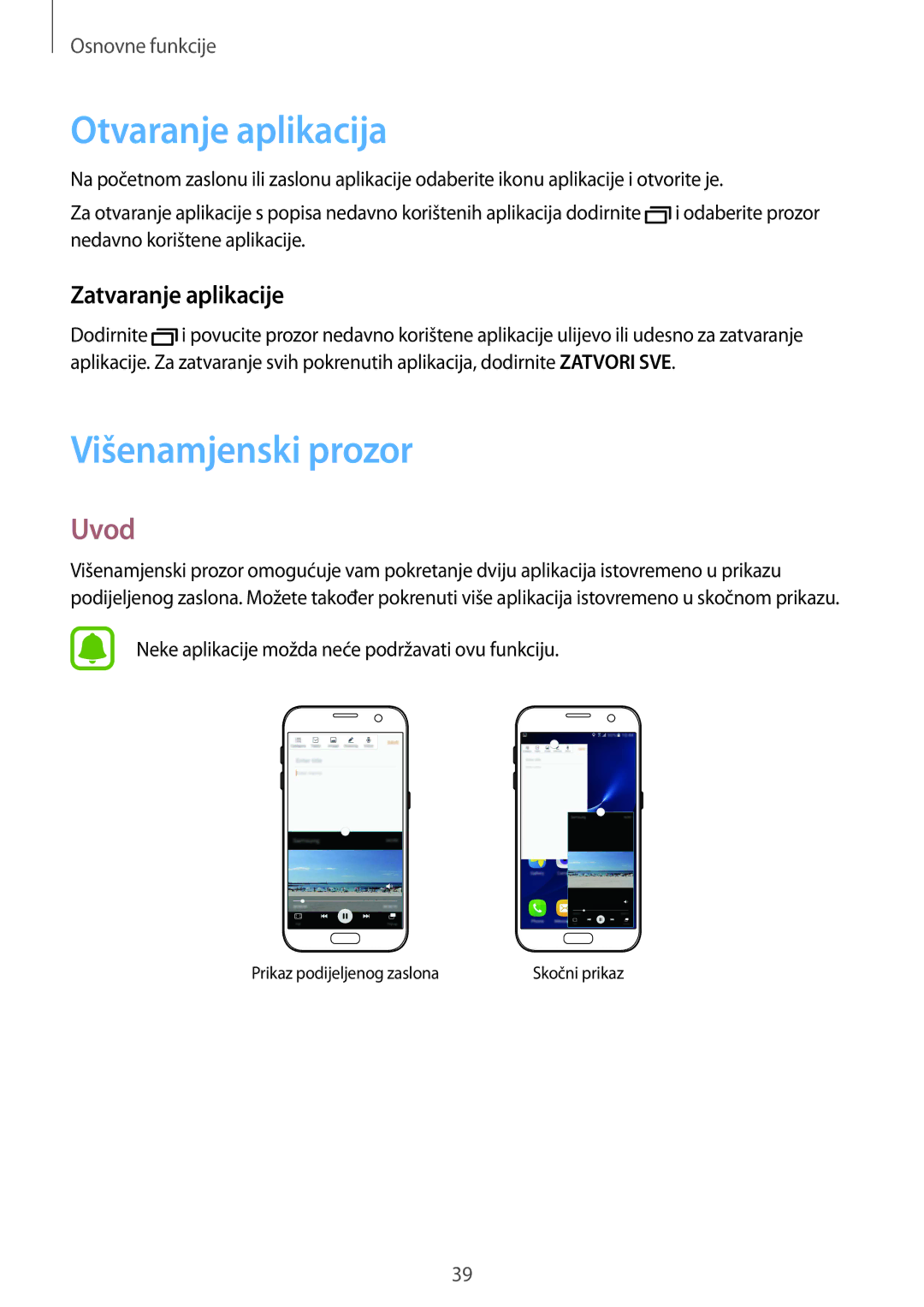 Samsung SM-G930FZDADHR, SM-G930FZKAVIP manual Otvaranje aplikacija, Višenamjenski prozor, Uvod, Zatvaranje aplikacije 