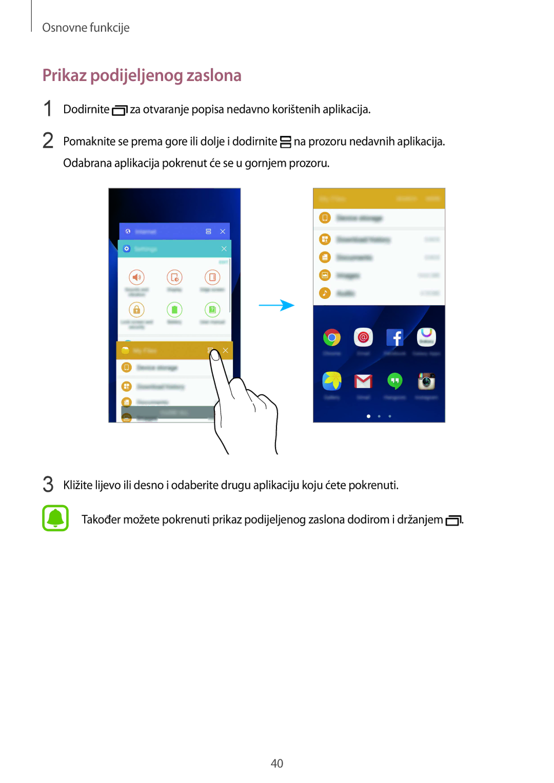 Samsung SM-G930FZKAVIP, SM-G930FZKATWO, SM-G930FZKADHR, SM-G930FZWASEE, SM-G930FZSASEE manual Prikaz podijeljenog zaslona 