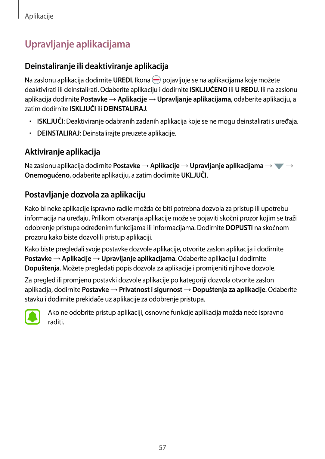 Samsung SM-G930FZDASEE manual Upravljanje aplikacijama, Deinstaliranje ili deaktiviranje aplikacija, Aktiviranje aplikacija 