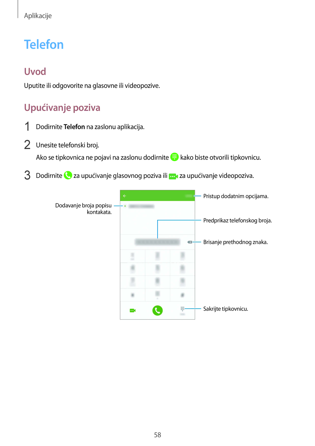 Samsung SM-G930FZKASEE, SM-G930FZKAVIP, SM-G930FZKATWO, SM-G930FZKADHR, SM-G930FZWASEE manual Telefon, Upućivanje poziva 