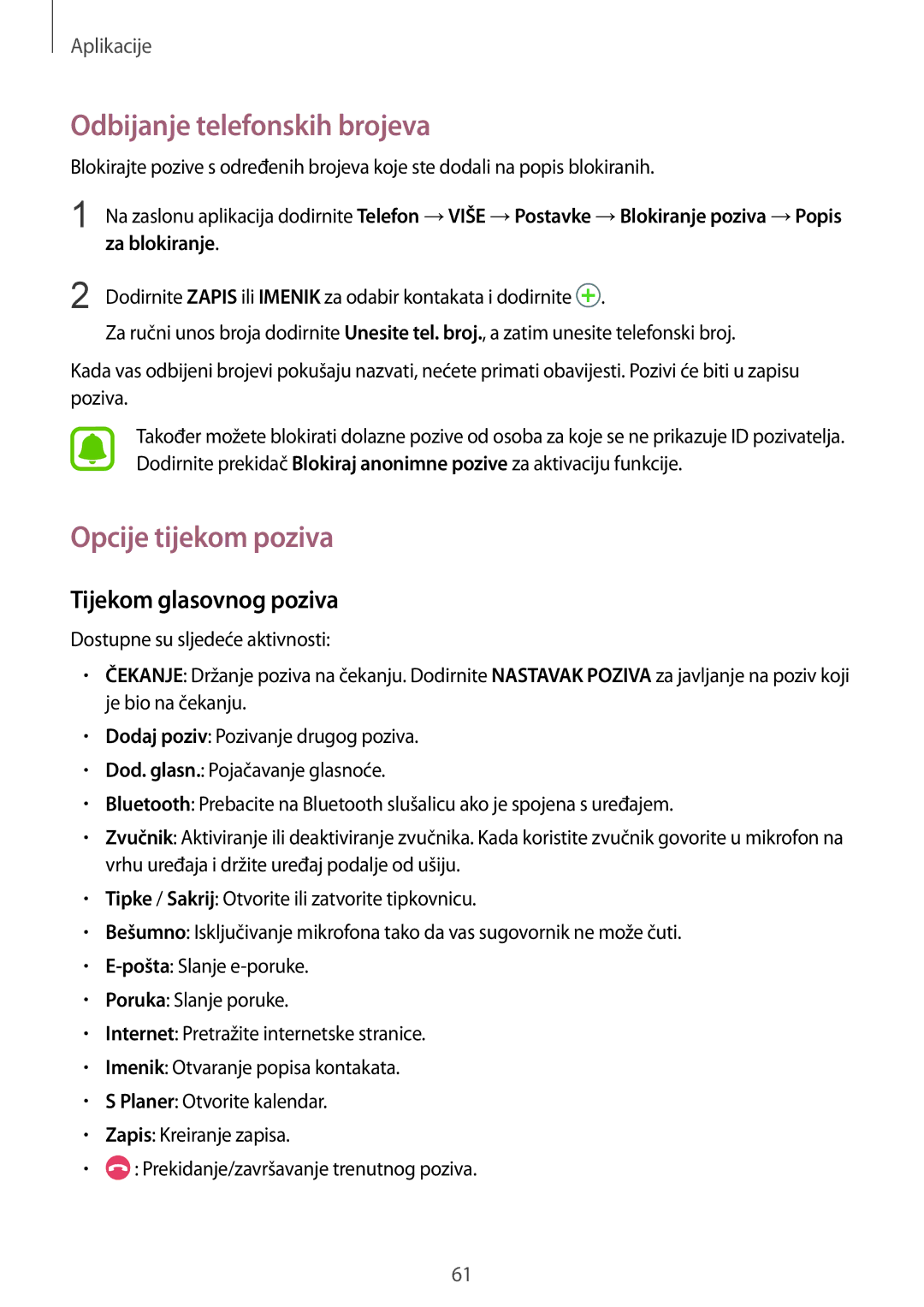 Samsung SM-G930FZKATWO manual Odbijanje telefonskih brojeva, Opcije tijekom poziva, Tijekom glasovnog poziva, Za blokiranje 