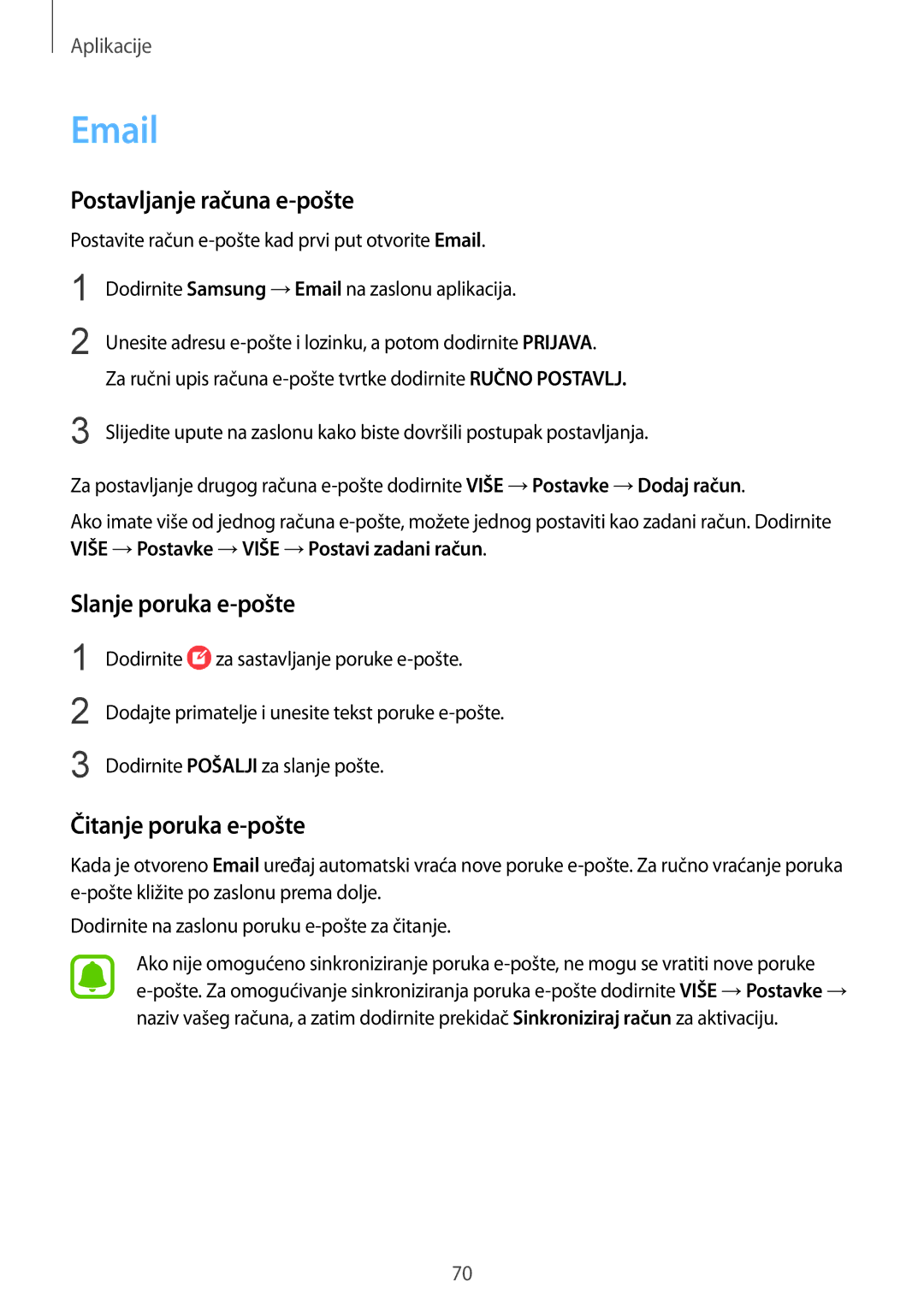 Samsung SM-G930FZKAVIP, SM-G930FZKATWO manual Postavljanje računa e-pošte, Slanje poruka e-pošte, Čitanje poruka e-pošte 