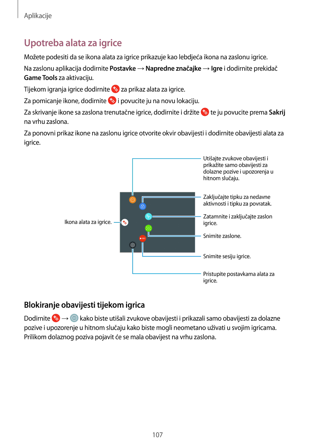 Samsung SM-G930FZDASEE, SM-G930FZKAVIP, SM-G930FZKATWO manual Upotreba alata za igrice, Blokiranje obavijesti tijekom igrica 